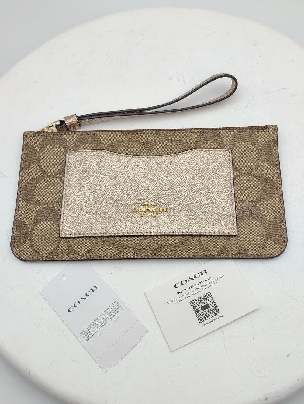New Coach Brown Signature Wristlet with Metallic Rose Gold Card Pocket